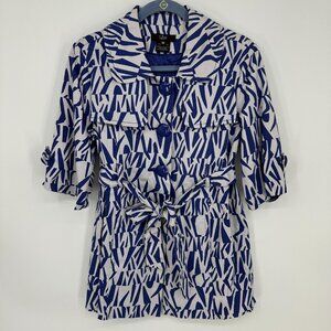 Luii Belted Trench Coat Jacket M Abstract Geometric Half‎ Sleeves Blue White